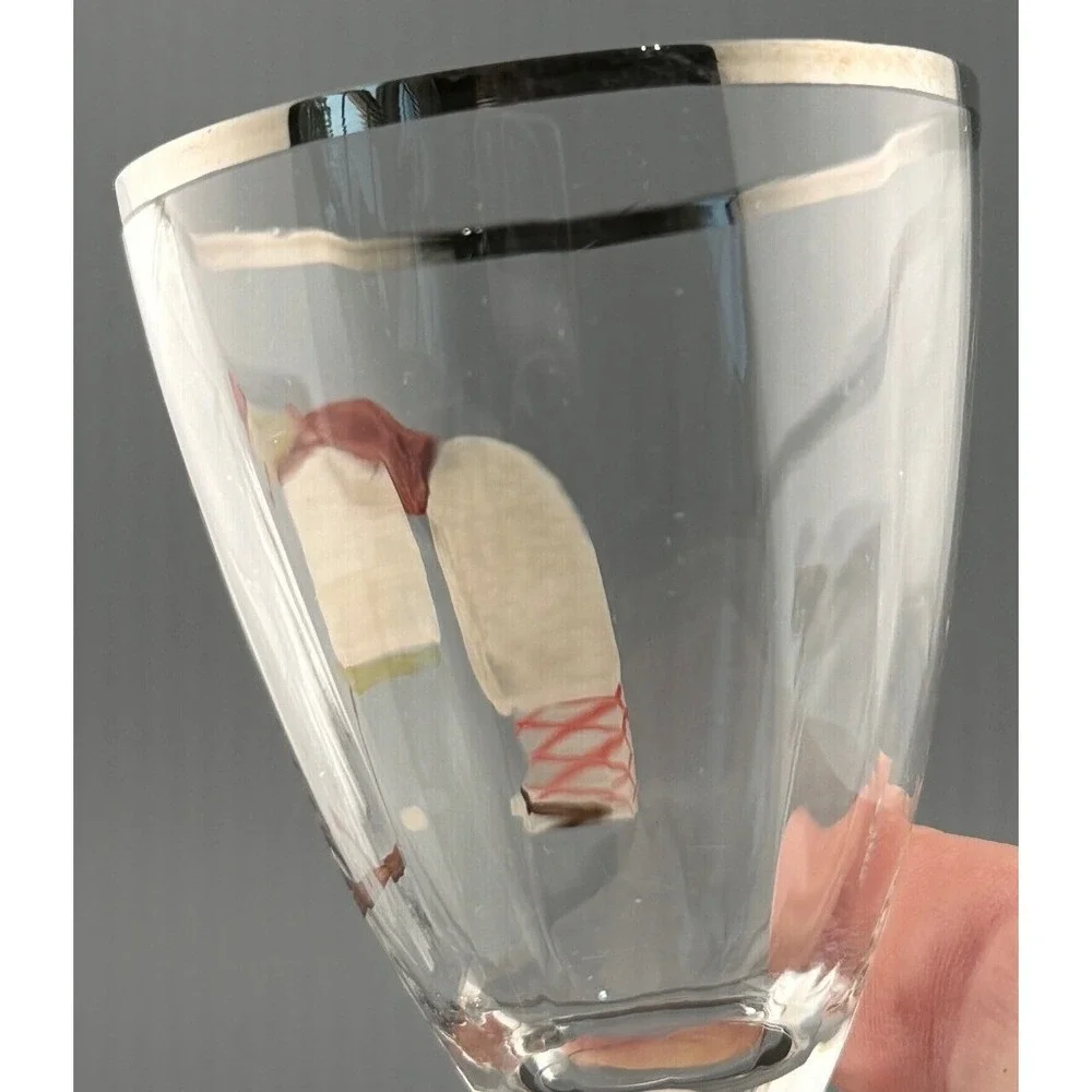 Vintage Hand Painted Golfer Cordial Glasses Pair Silver Rim 2 3/4